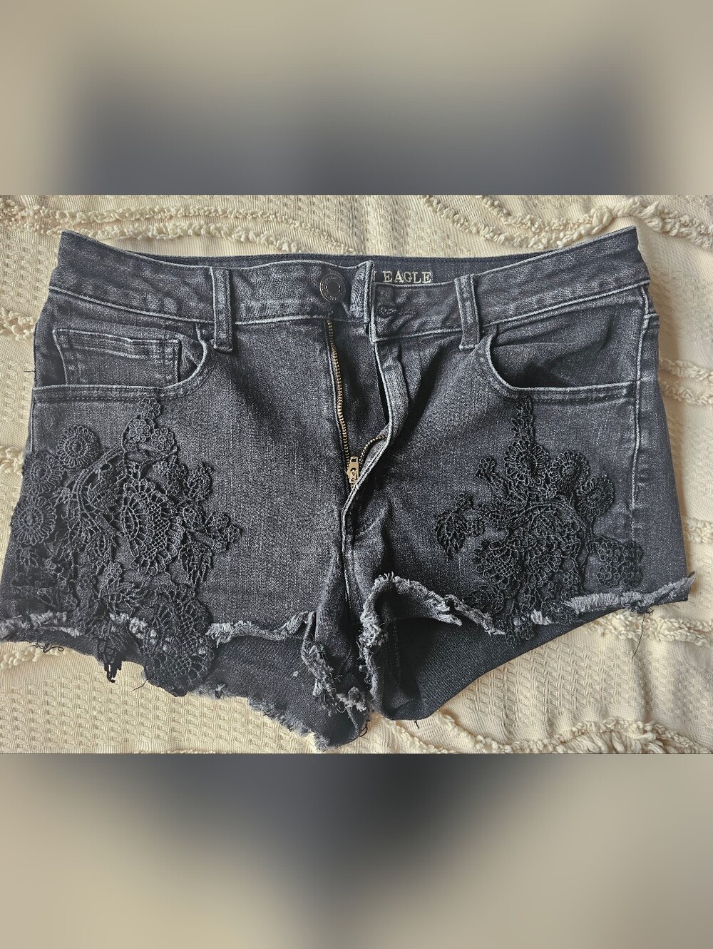 American Eagle Black Distressed Denim Shorts with Lace Appliqué